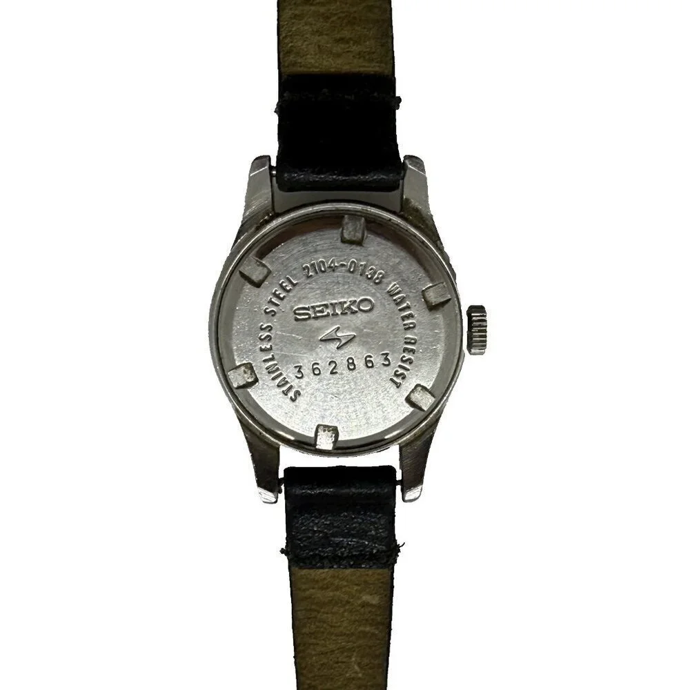 Vtg Seiko 2104-0138 Manual Wind 17Jewels Stainless Steel Womens Watch Black Band